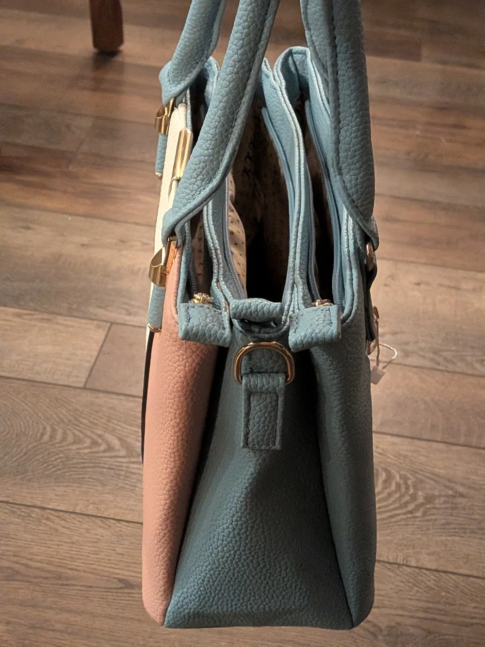 KKXIU Colorblock Satchel Handbag - Tricolor Blue Brown Cream Triple Zip Purse